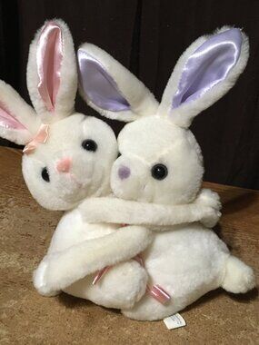 TWIN EASTER BUNNIES HUGGING RABBITS STUFFED PLUSH EBEE SERVICES INC